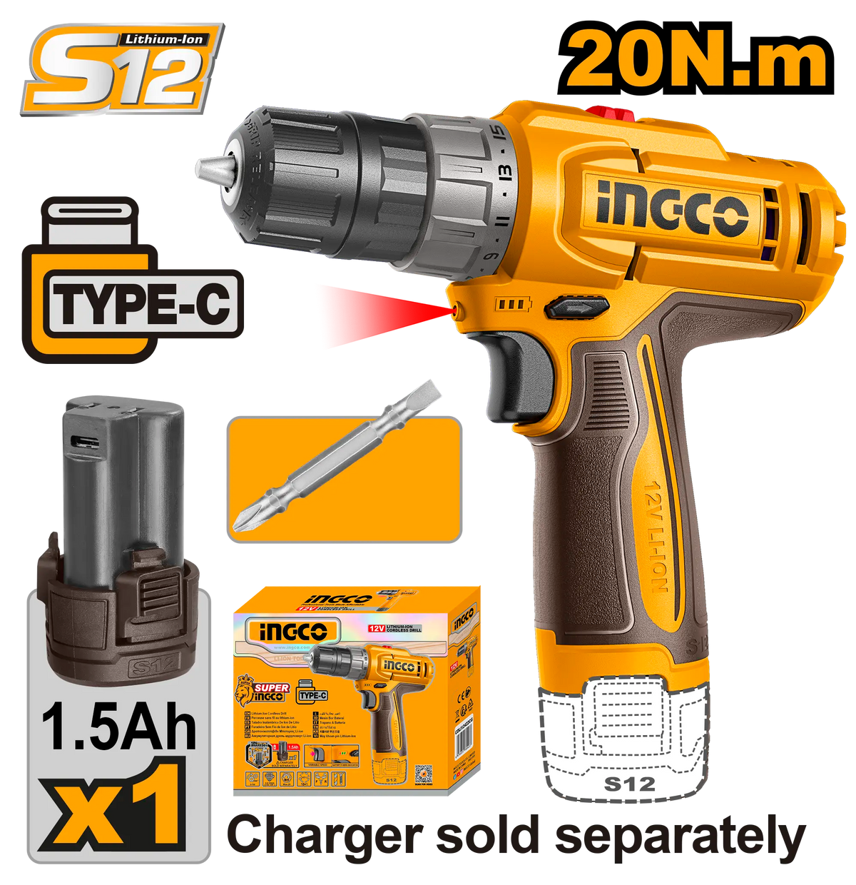 TALADRO INALAMBRICO 3/8″ 12V 20N.M + 1 BAT 1.5AH + MALETA