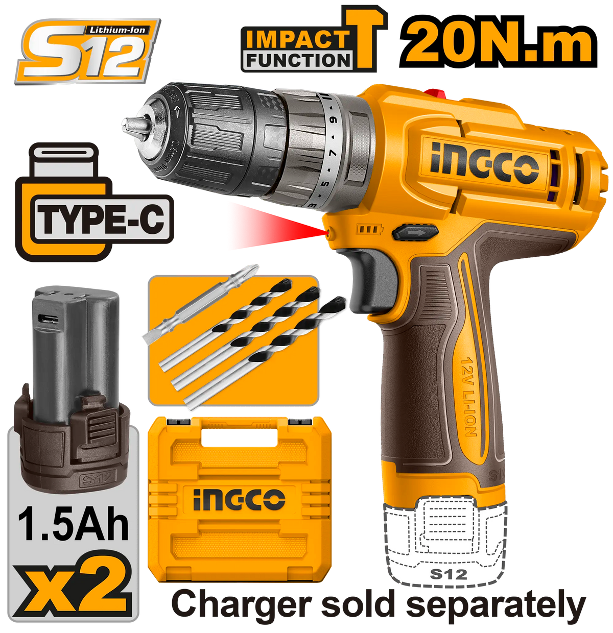 TALADRO DE IMPACTO 3/8″ 12V 20N.M + 2 BAT 1.5AH + MALETA