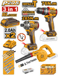 Combo INGCO 20V 3 en 1: Sopladora + Taladro Percutor 76nm + Llave de Impacto 285nm