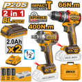 Kit Inalámbrico INGCO 20V 2 en 1 Taladro Percutor 66nm + Llave de Impacto 400nm