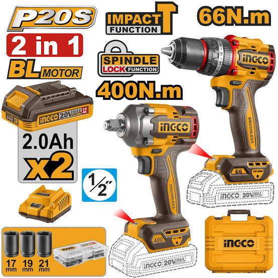 Kit Inalámbrico INGCO 20V 2 en 1 Taladro Percutor 66nm + Llave de Impacto 400nm