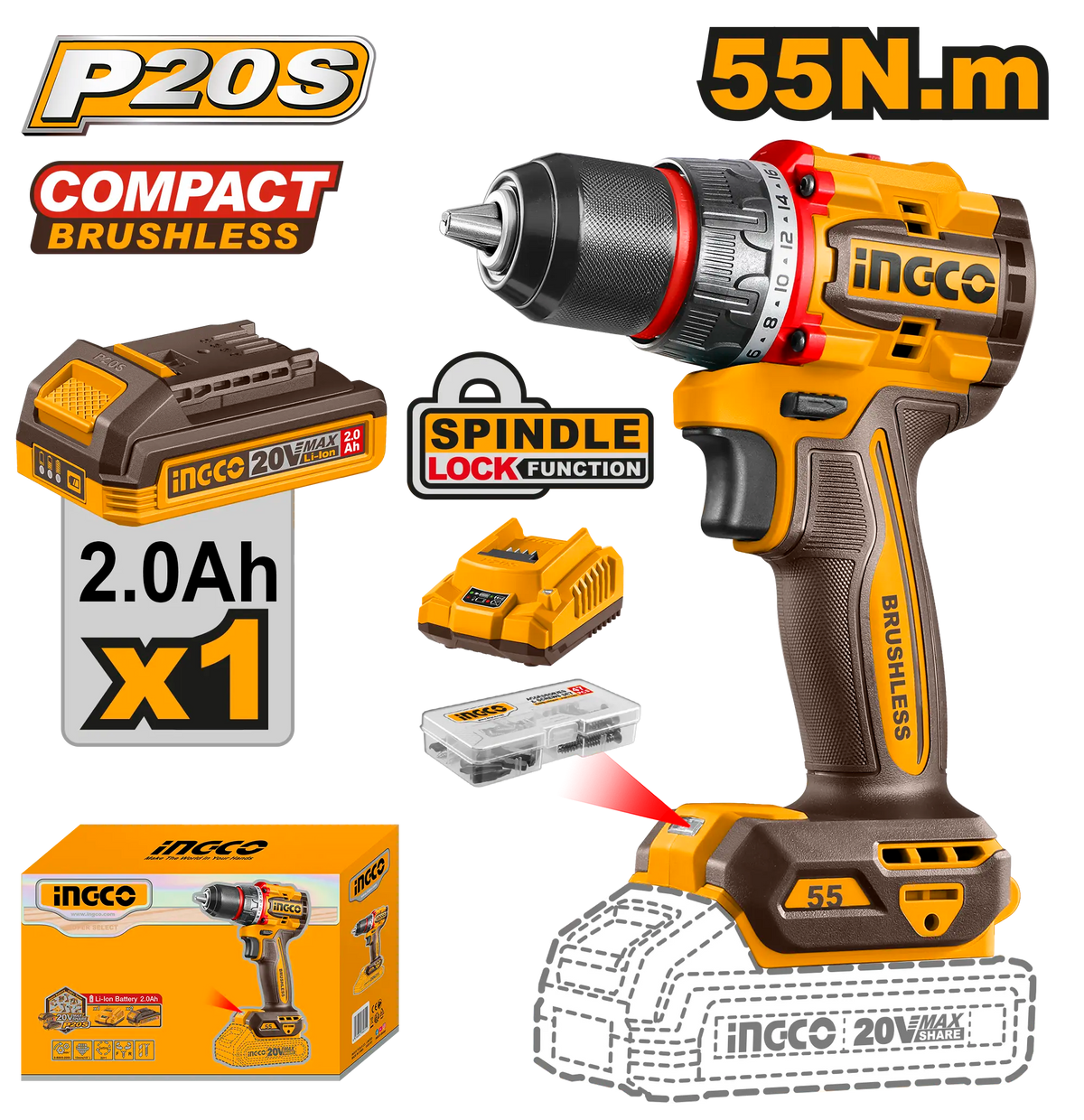 TALADRO INALAMBRICO 1/2″ 20V 55N.M + 1 BAT 2.0AH + CARG