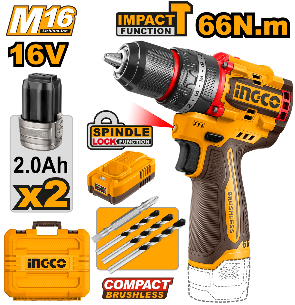 TALADRO DE IMPACTO 1/2″ 16V 66N.M + 2 BAT 2.0AH + CARG + MALETA