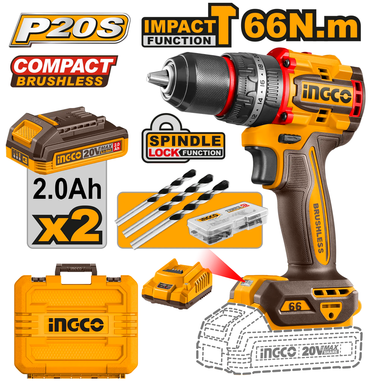 TALADRO DE IMPACTO 1/2″ BL 20V 66N.M + 2 BAT 2.0AH + CARG + MALETA