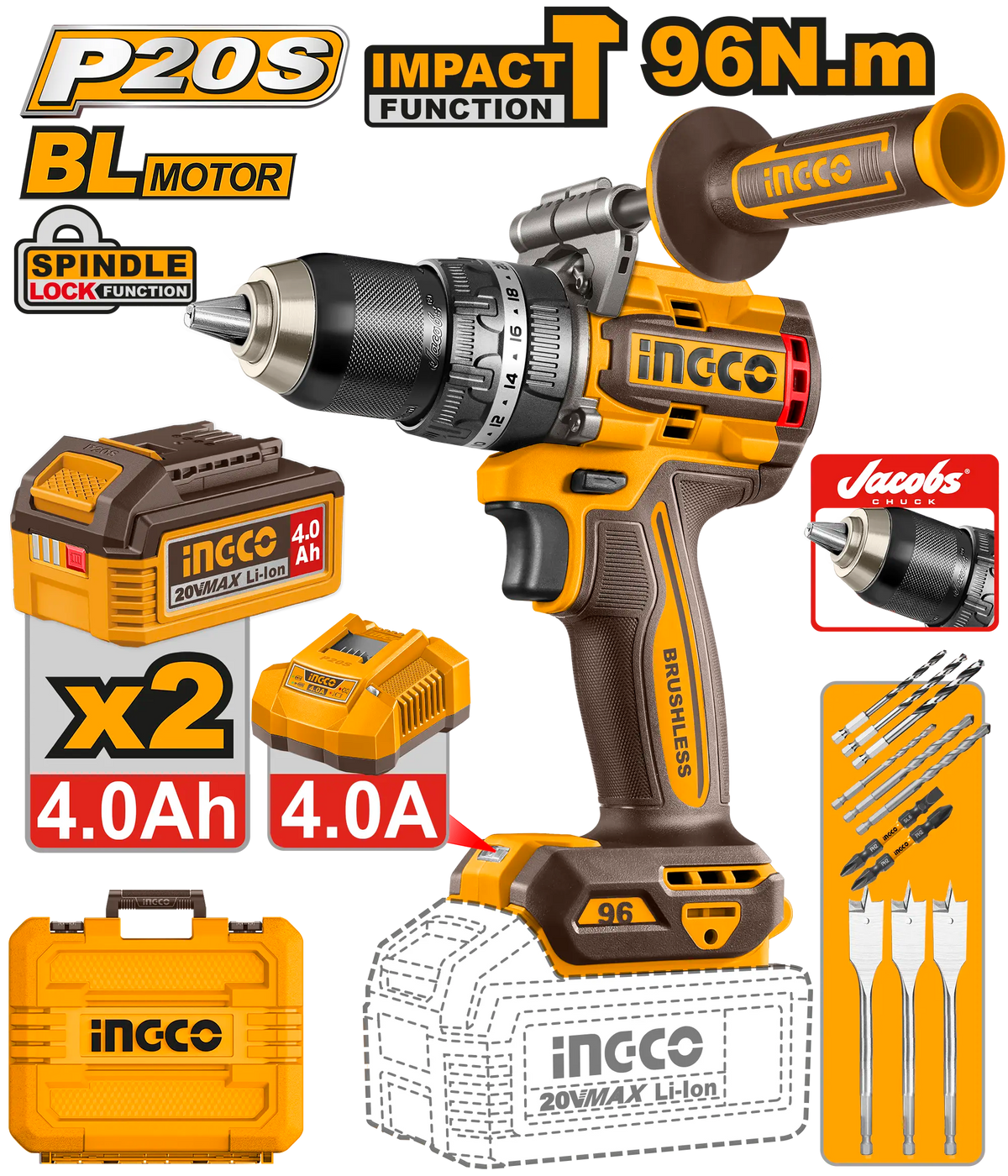 TALADRO DE IMPACTO 1/2″ BL 20V 96N.M CON MANGO + 2 BAT 4.0AH + CARG + MALETA