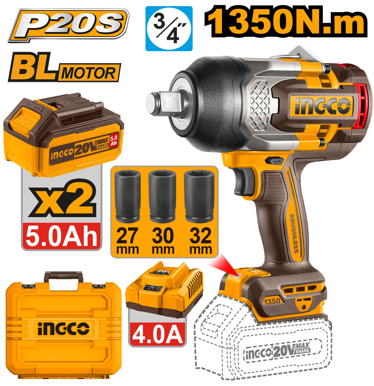 LLAVE DE IMPACTO INALAMBRICA 3/4″ BL 20V 1350N.M + 2 BAT 5.0AH + CARG + MALETA