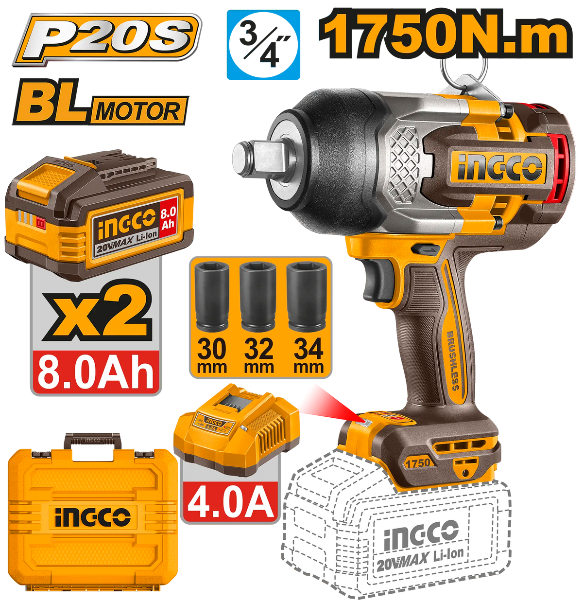 LLAVE DE IMPACTO INALAMBRICA 3/4″ BL 20V 1750N.M + 2 BAT 8.0AH + CARG + MALETA
