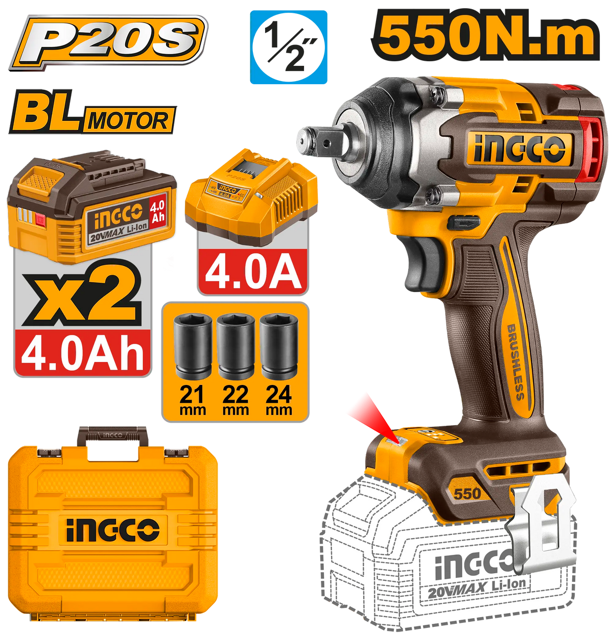 LLAVE DE IMPACTO INALAMBRICA 1/2″ BL 20V 550N.M + 2 BAT 4.0AH + CARG + MALETA