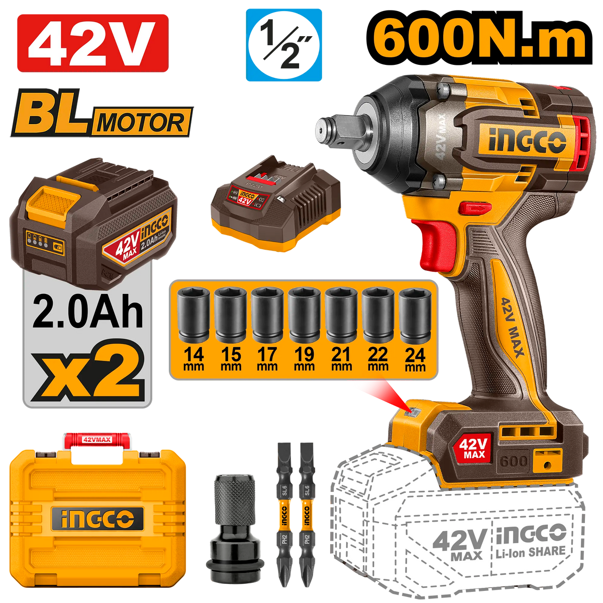 LLAVE DE IMPACTO INALAMBRICA 1/2″ BL 42V 600N.M + 2 BAT 2.0AH + CARG + MALETA