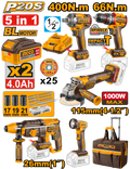 JUEGO COMBINADO DE 5 PIEZAS TALADRO DE IMPACTO 1/2″ + LLAVE DE IMPACTO 1/2″ + ROTOMARTILLO 2.5J + AMOLADORA ANGULAR 4 1/2 + LAMPARA + 2 BAT 4.0AH + CARG + MALETA