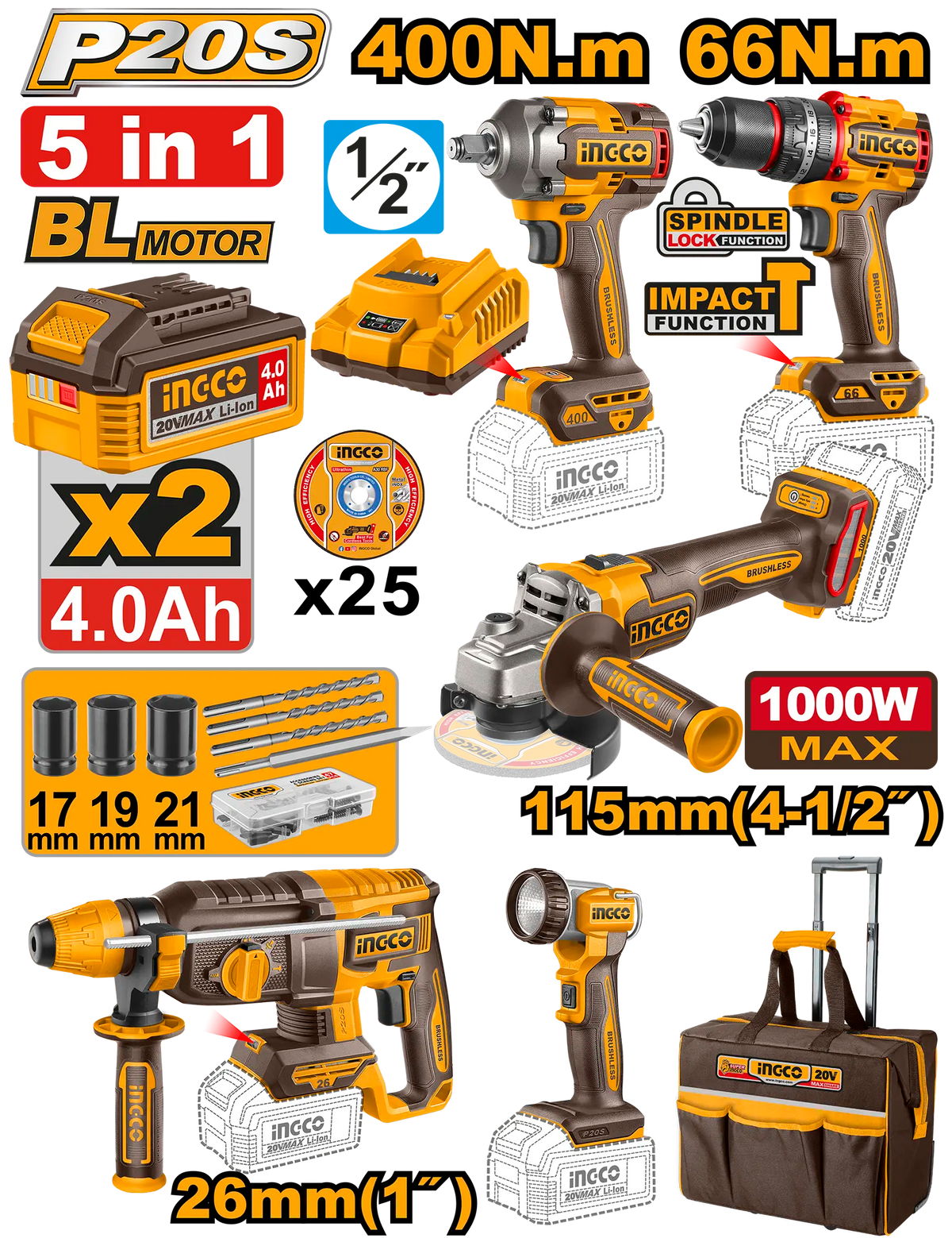 JUEGO COMBINADO DE 5 PIEZAS TALADRO DE IMPACTO 1/2″ + LLAVE DE IMPACTO 1/2″ + ROTOMARTILLO 2.5J + AMOLADORA ANGULAR 4 1/2 + LAMPARA + 2 BAT 4.0AH + CARG + MALETA