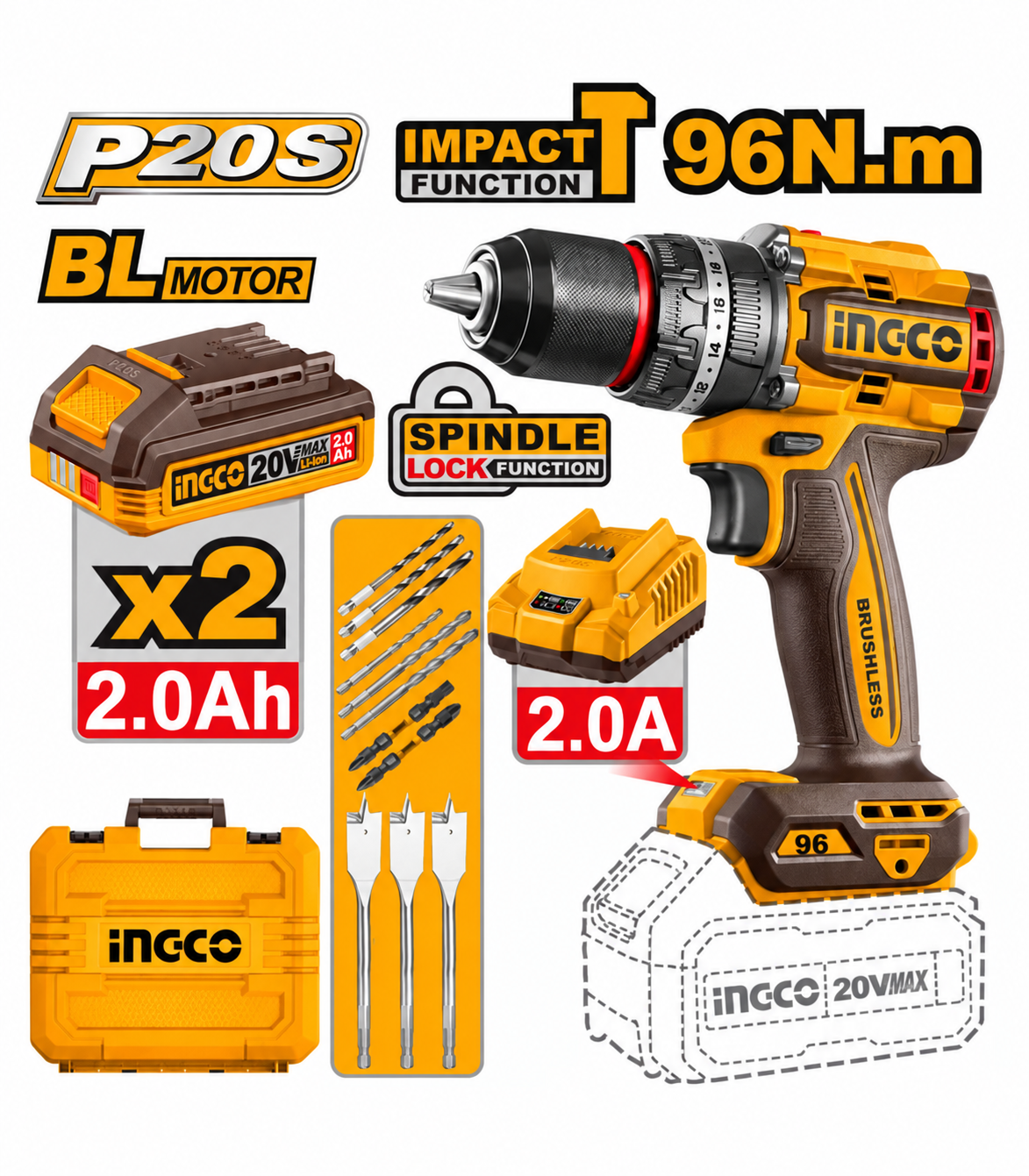 TALADRO INALÁMBRICO DE IMPACTO INGCO 20V 96N.M BRUSHLESS