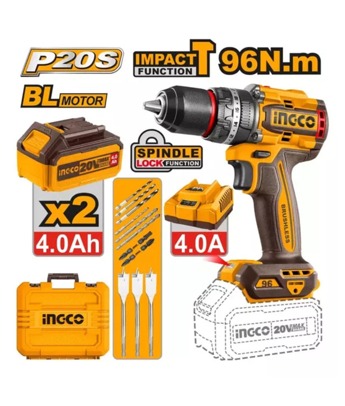 TALADRO INALÁMBRICO DE IMPACTO INGCO 20V 96N.M BRUSHLESS